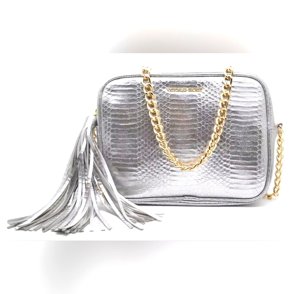 Victoria's Secret Handbags - Victoria's Secret Silver Crossbody with Gold Chain Strap NWT